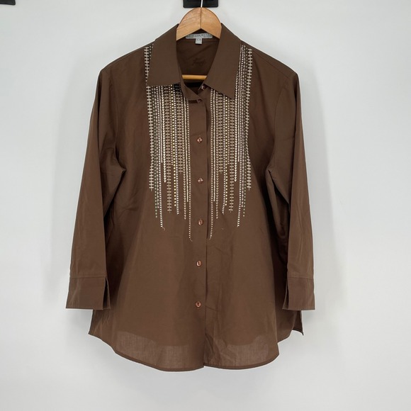 Foxcroft Tops - Foxcroft Brown Wrinkle Free Shaped Fit‎ Button Up Embellished Shirt Size 14 Work